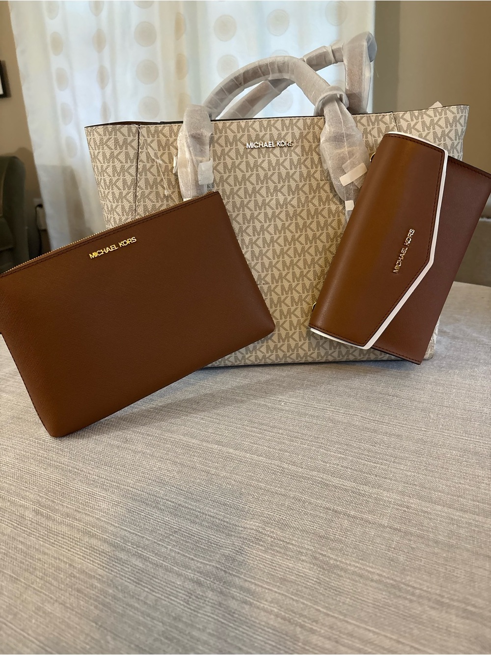 Michael Kors Collection Brown Leather Wallet & Pouch Set with Signature Tote
